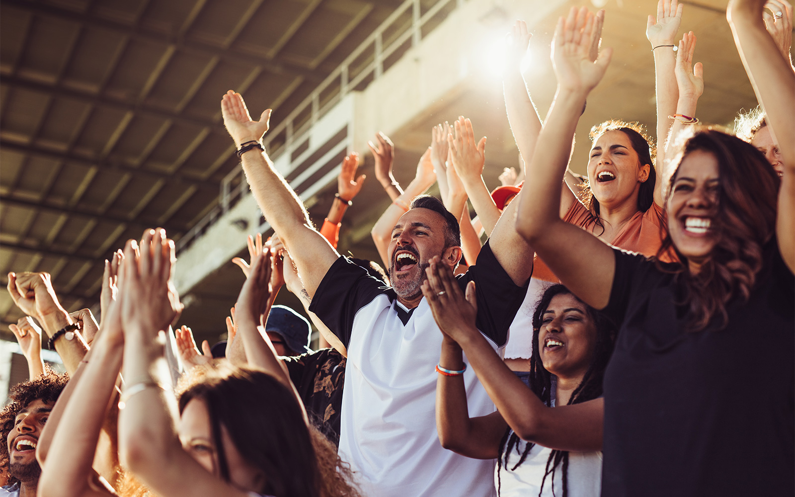 A crowd of spectators cheer at a sports game