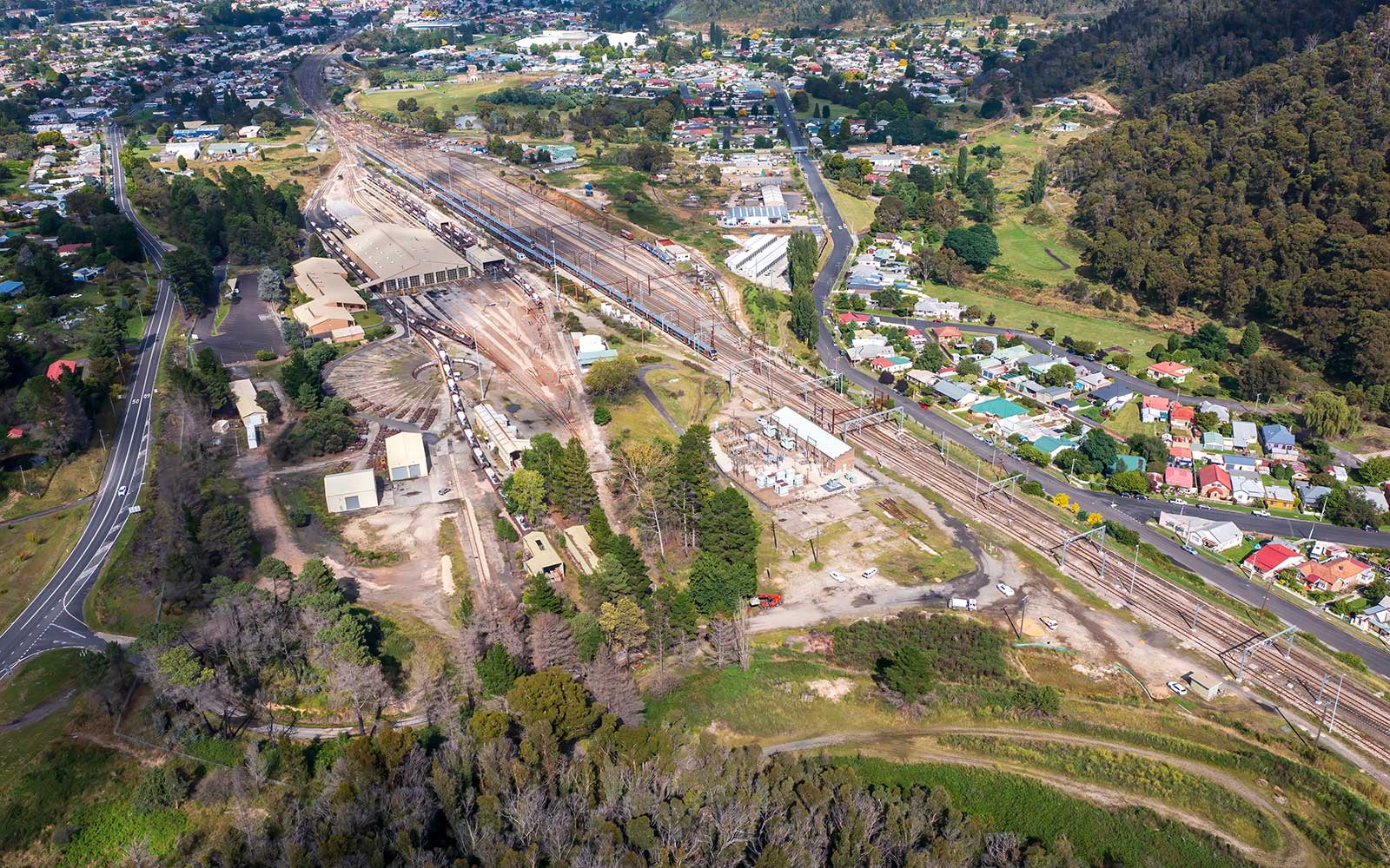 Drone aerial Lithgow train maintenance facility, Blue Mountains, NSW