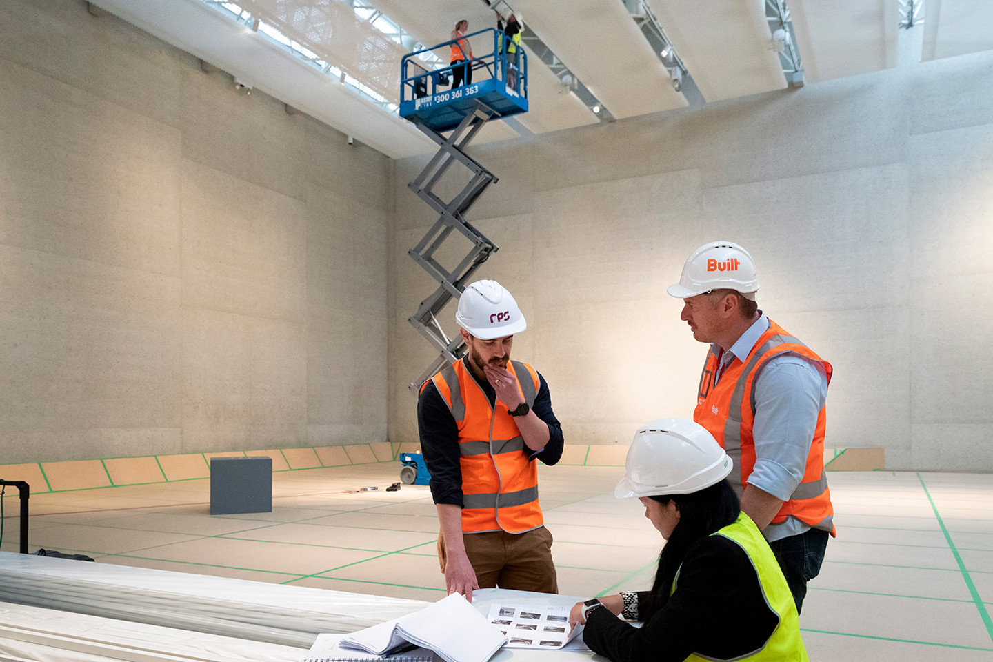 Taron Scholte (Senior Technician, National Gallery), with Tom Gilbert and Kacie O’Sullivan (RPS) inspect LED upgrades in the Gallery spaces. Photo courtesy of the National Gallery of Australia