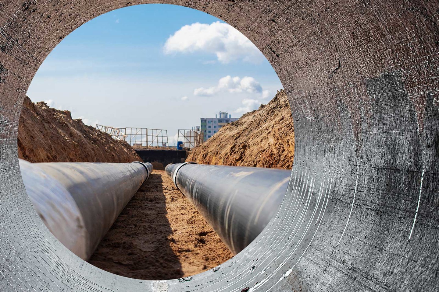 View of infrastructure construction site under development through utility piping being laid.