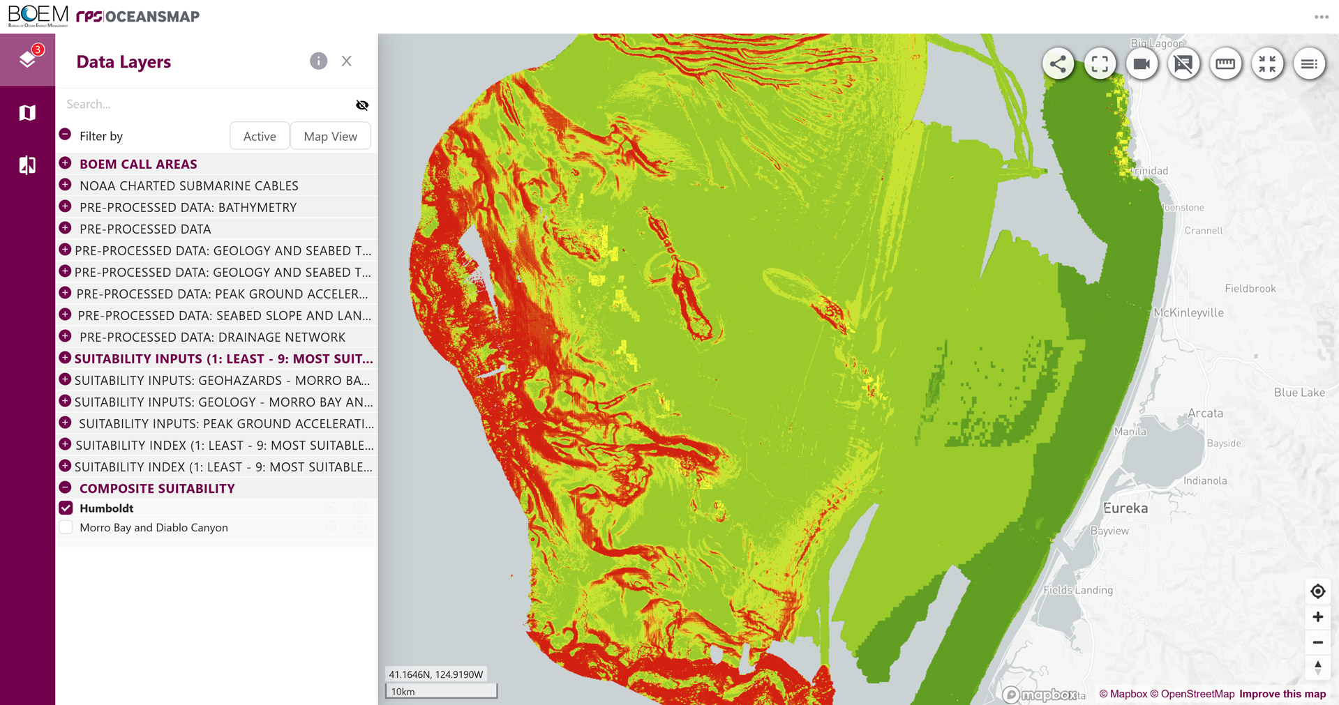 screen rendering from BOEM OceanMap for Humbolt call area for FOWF