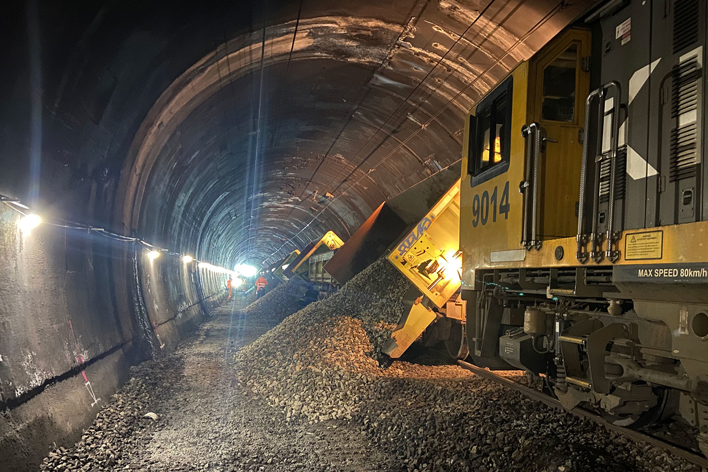KiwiRail upgrade project - fresh ballast drop in Tunnel 2 NIMT - North Island Main Trunk, New Zealand