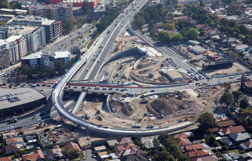 Aerial shot of WestConnex motorway scheme in Sydney NSW