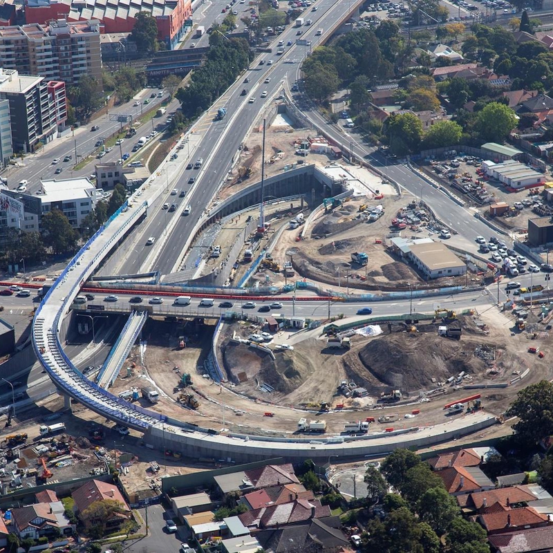 Aerial shot of WestConnex motorway scheme in Sydney NSW