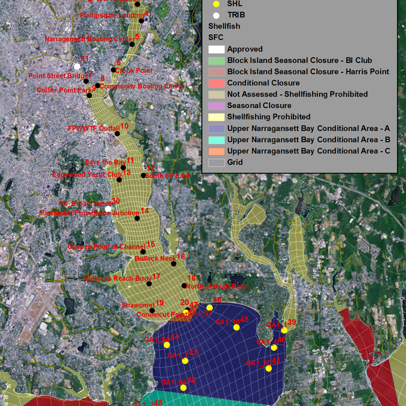 Evaluation of Water Quality Benefits from CSO Alternatives for Narraganset Bay GridandObservationLocations_OverlaidonShellfishAreas.png