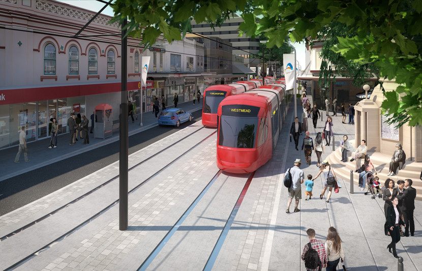 Artist drawing of Parramatta Light Rail on Macquarie Street with pedestrians and trams