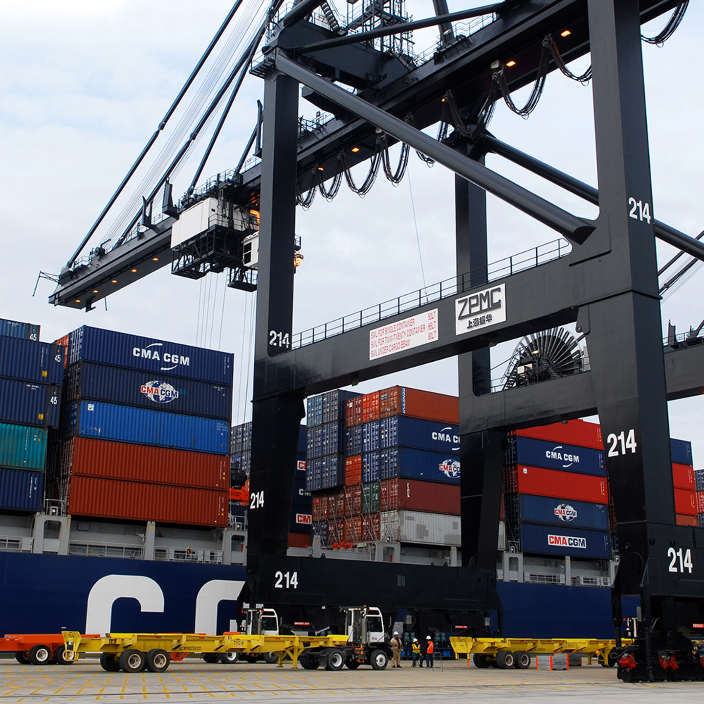 The port of Houston, showing containers being loaded on a cargo ship