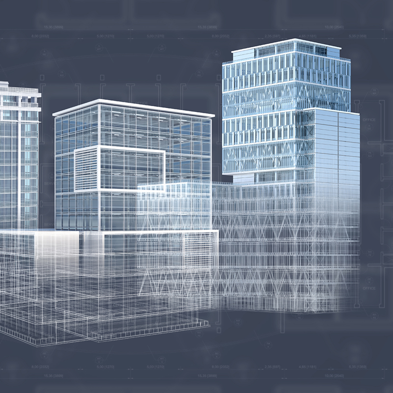 3D building model created with CAD and Building Information Management (BIM) software