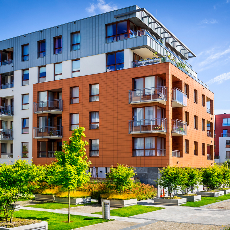 A view of a modern buidling apartment block