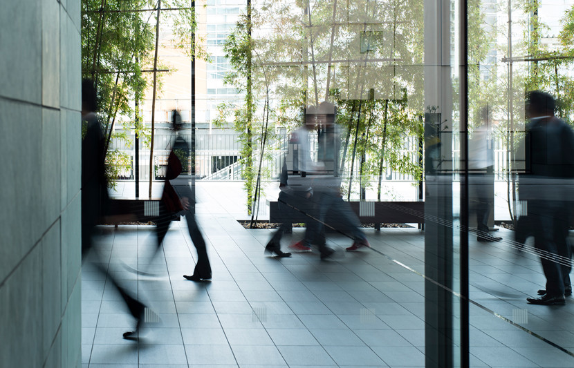 A busy office foyer in corporate building
