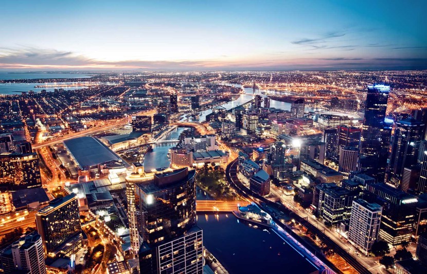 Aerial view of Melbourne city at dusk