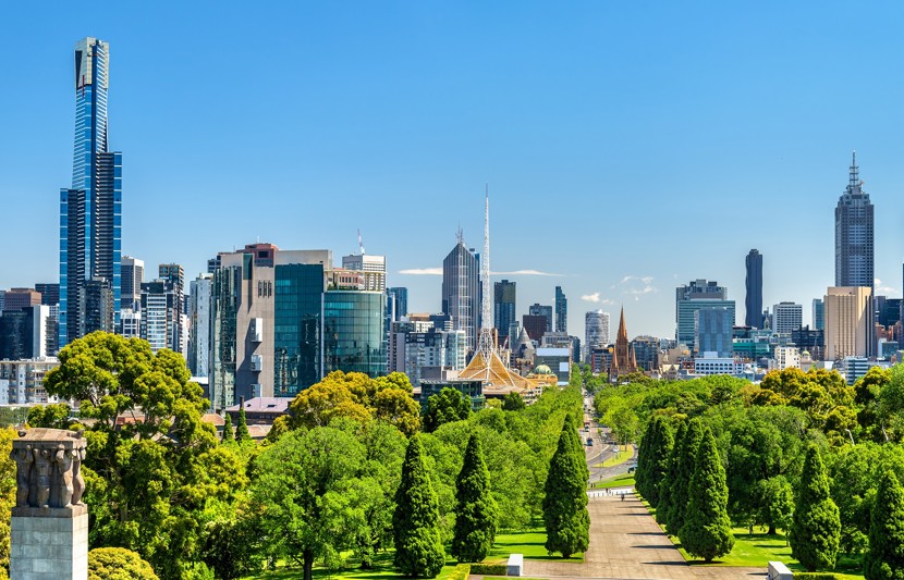 Melbourne city skyline with green space