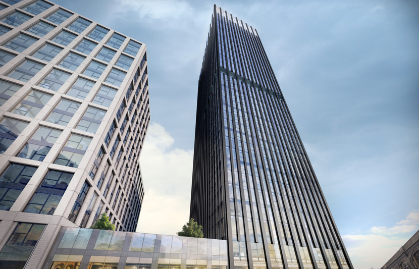 Upward view of modern glass exterior building