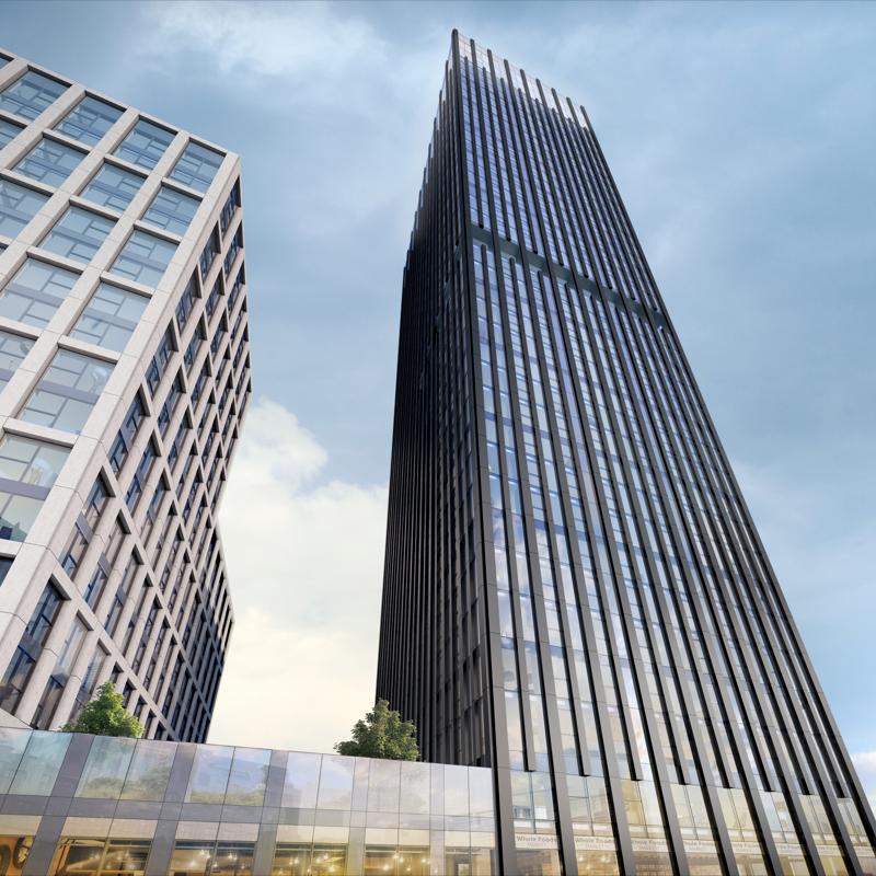 Upward view of modern glass exterior building