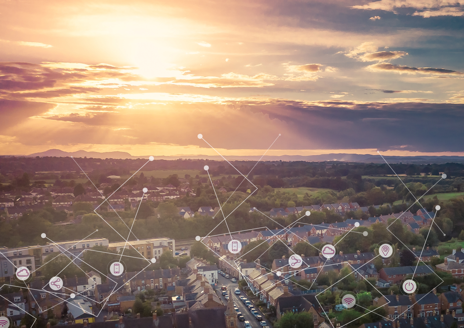 Aerial view of suburb town with graphical element overlaid showing digital connectivity