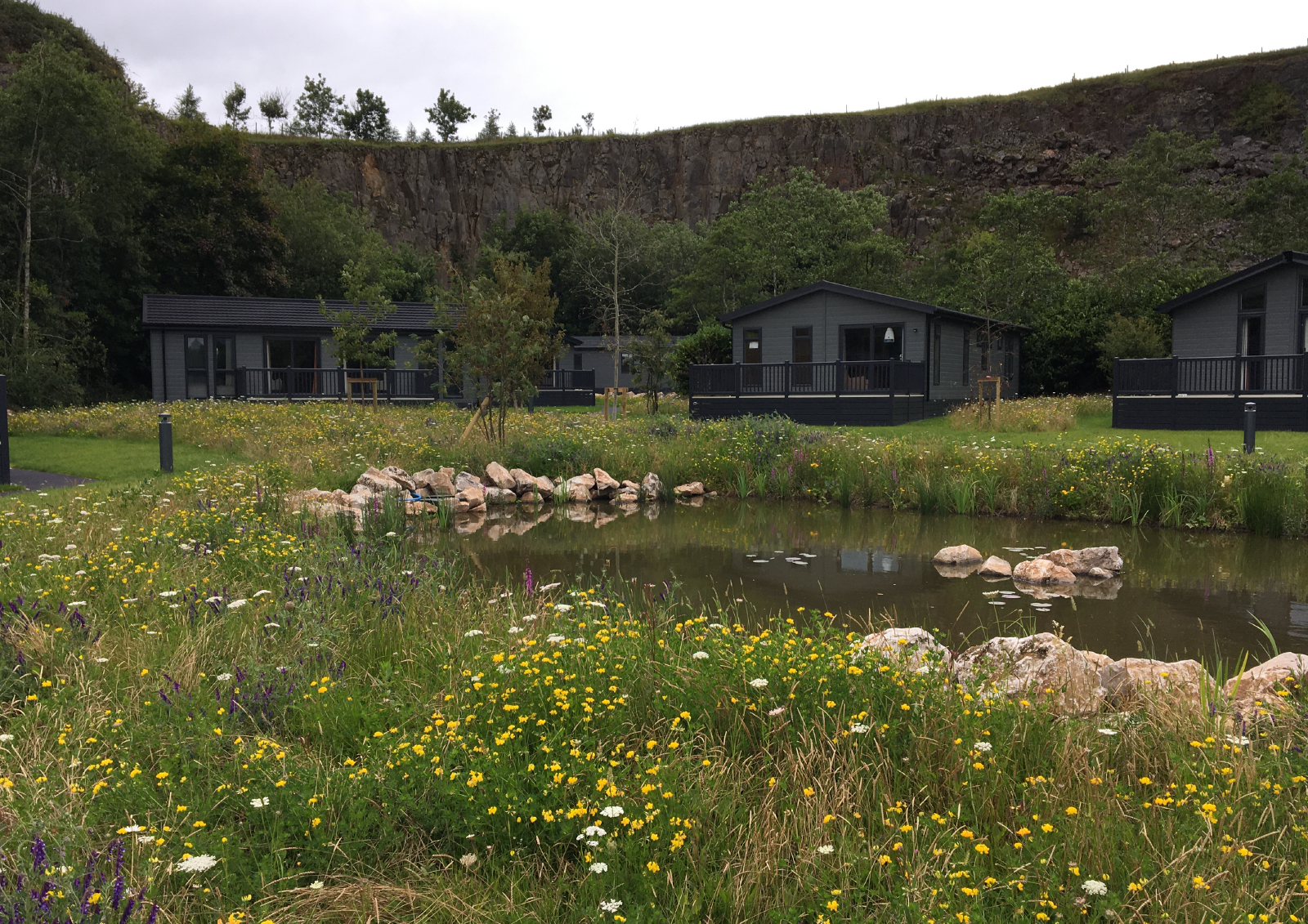 View of the redeveloped Rivendale Holiday Park with grasslands and ponds