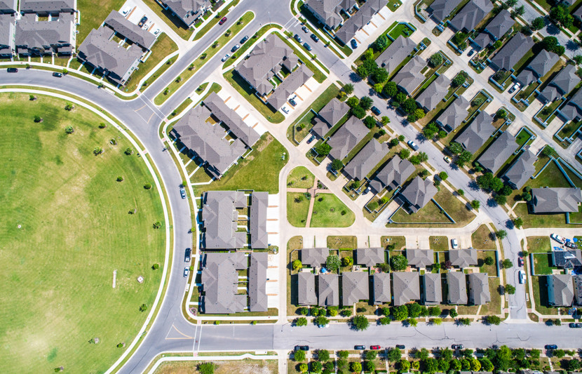 Aerial view of residential houses and roads