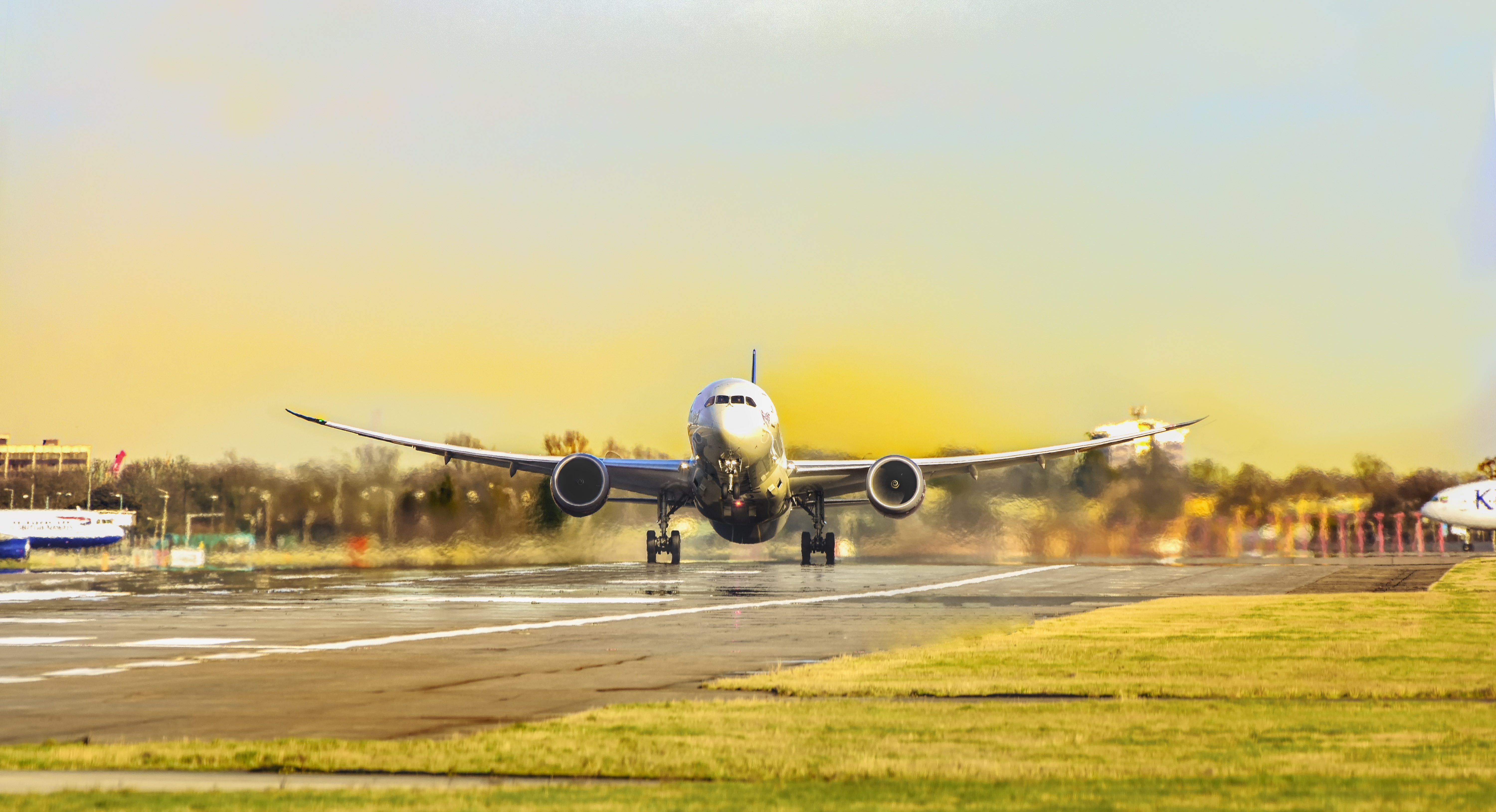 Airplane landing on airport runway