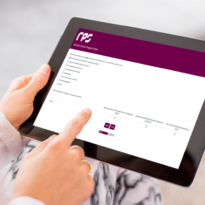Net Zero Carbon Progress Check tool shown on tablet in use 