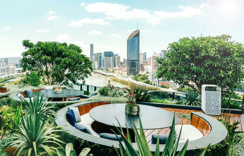 Rooftop landscape design at Oxley + Stirling Residences in South Brisbane. Image credit: Martin Brothers
