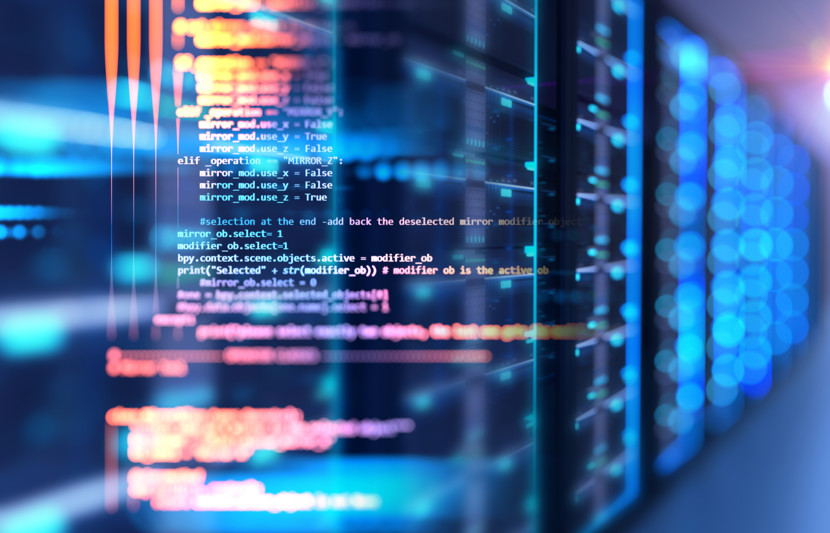 Close up view of data and code with blue abstract lights