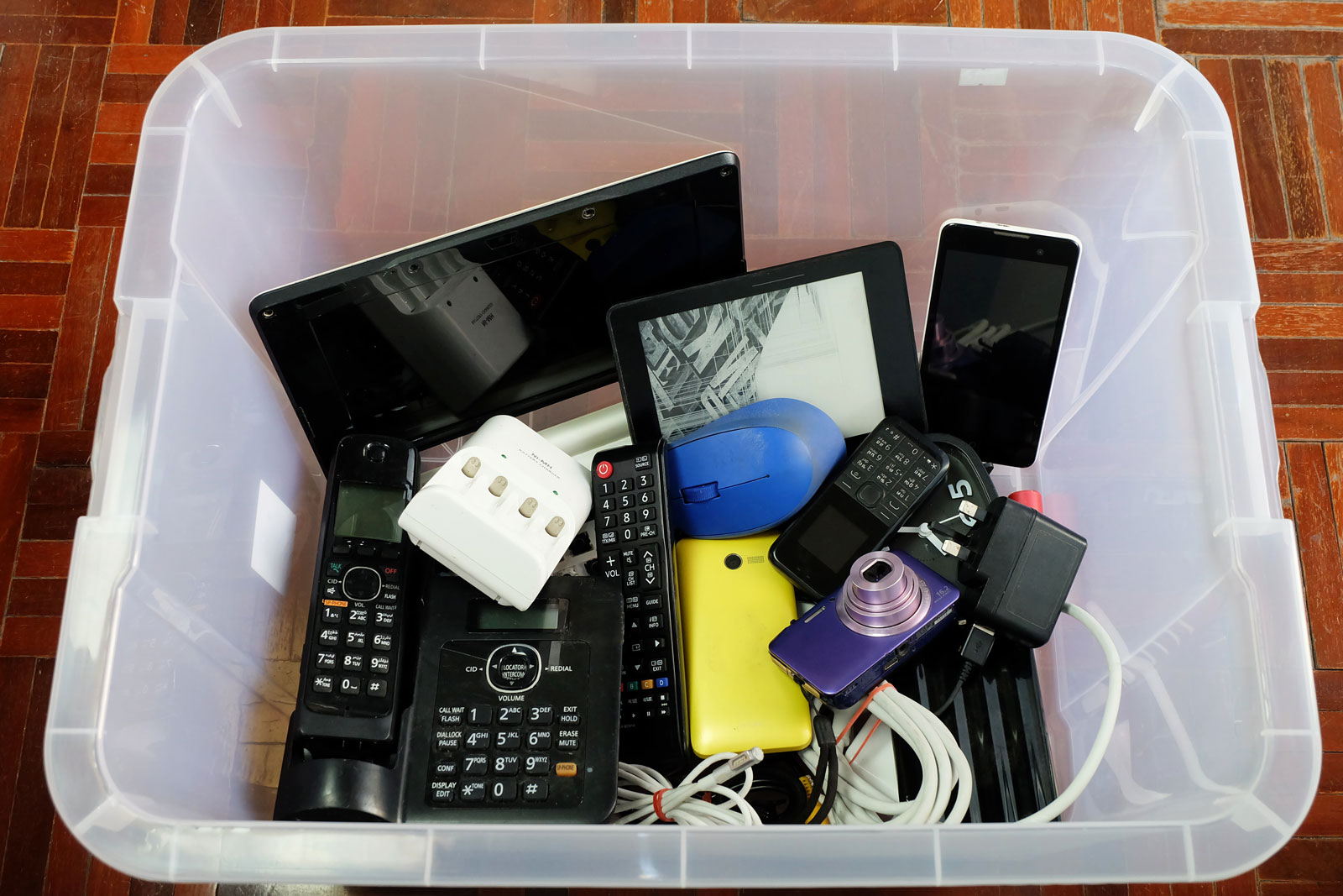 e-waste in a container ready to be recycled