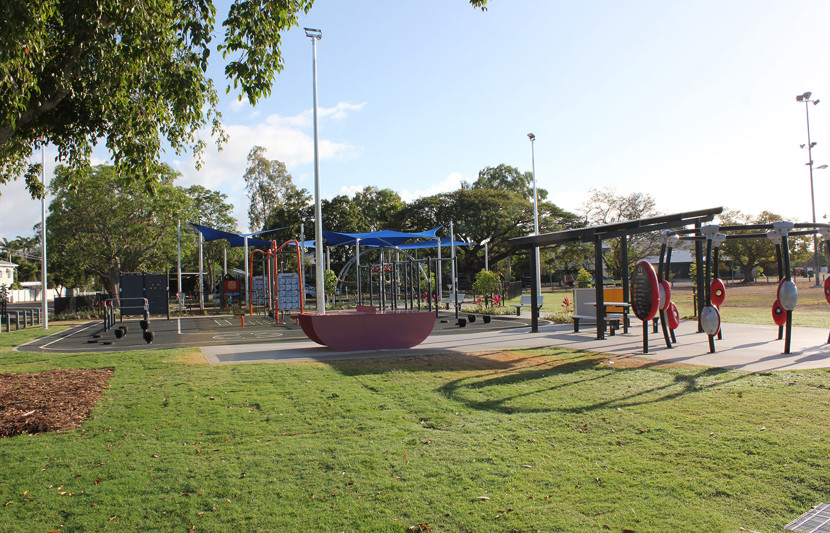 Play equipment and grassed area at Corcoron Park, Townsville QLD Australia