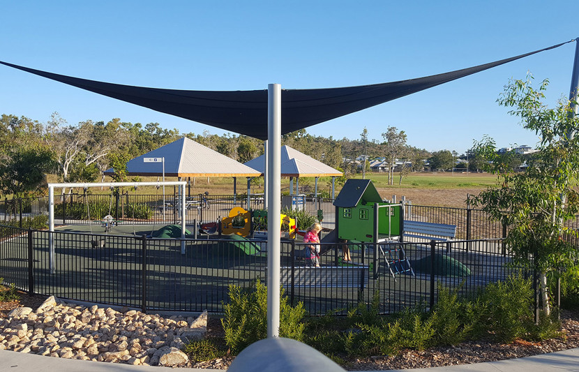 Peggy Banfield Park shaded kids play area on a sunny day