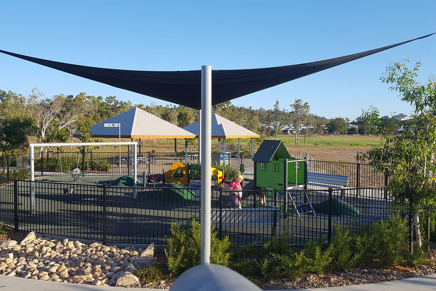 Peggy Banfield Park shaded kids play area on a sunny day