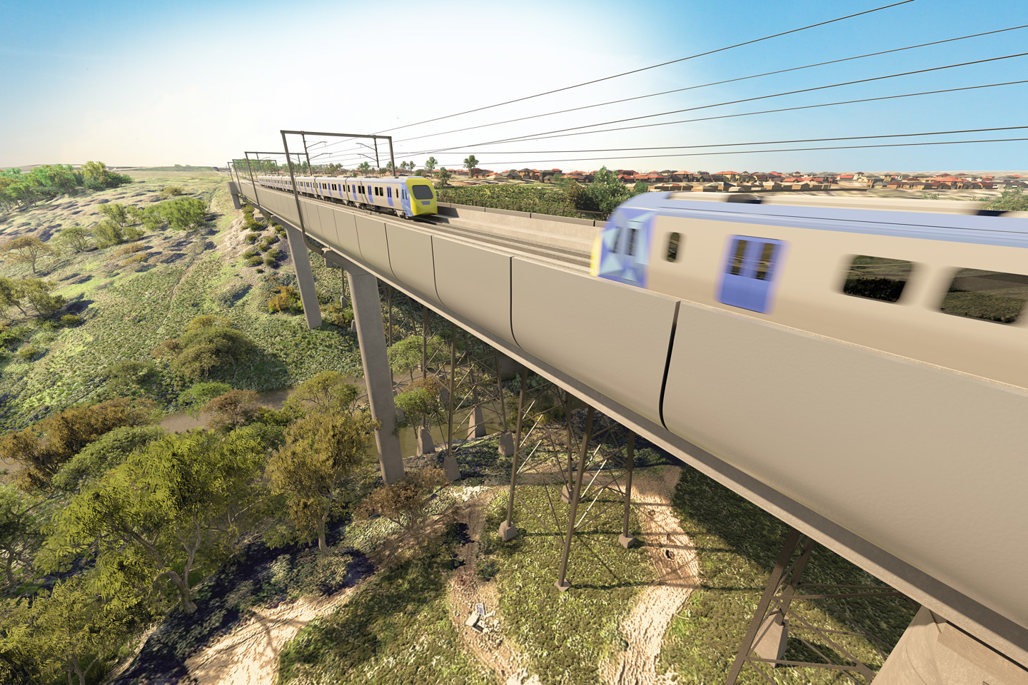 Melbourne airport rail train line with two trains passing through Maribynong