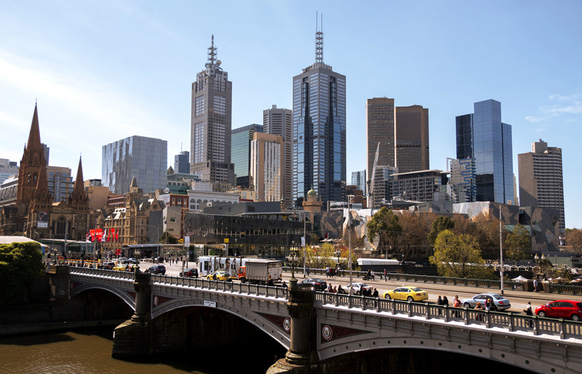 Melbourne CBD skyline with traffic on Princes Bridge