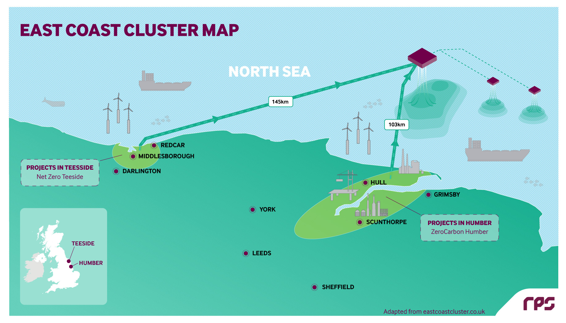 Map of the UK East Coast Cluster CCS project