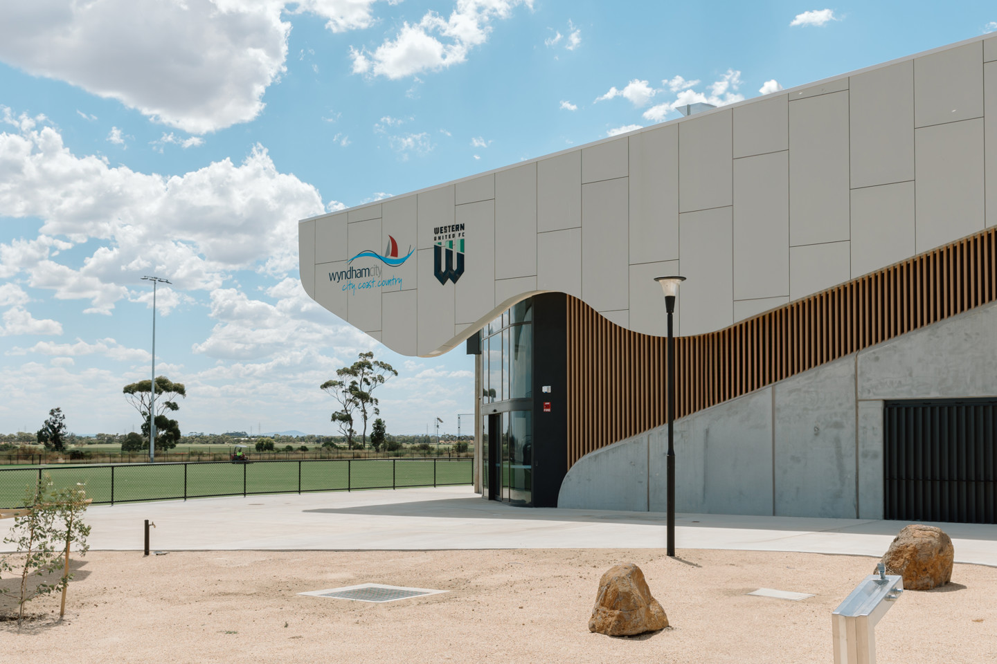 Entrance to new Regional Football Facility in Tarneit, VIC. Project management by RPS. Image courtesy of Wyndham City Council.