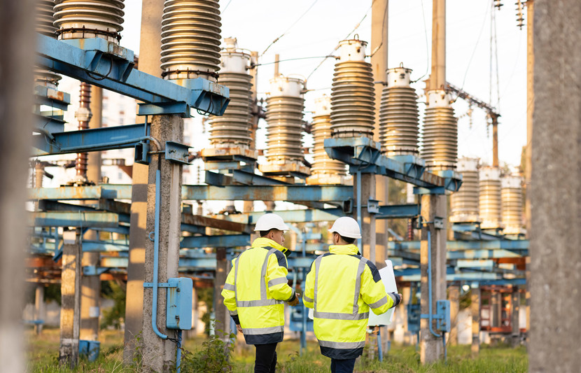 Energy Workers Walking Within Substation Complex