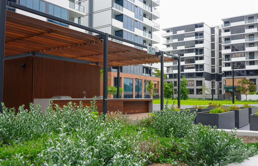 The green surrounds of Spring Square, Bankstown