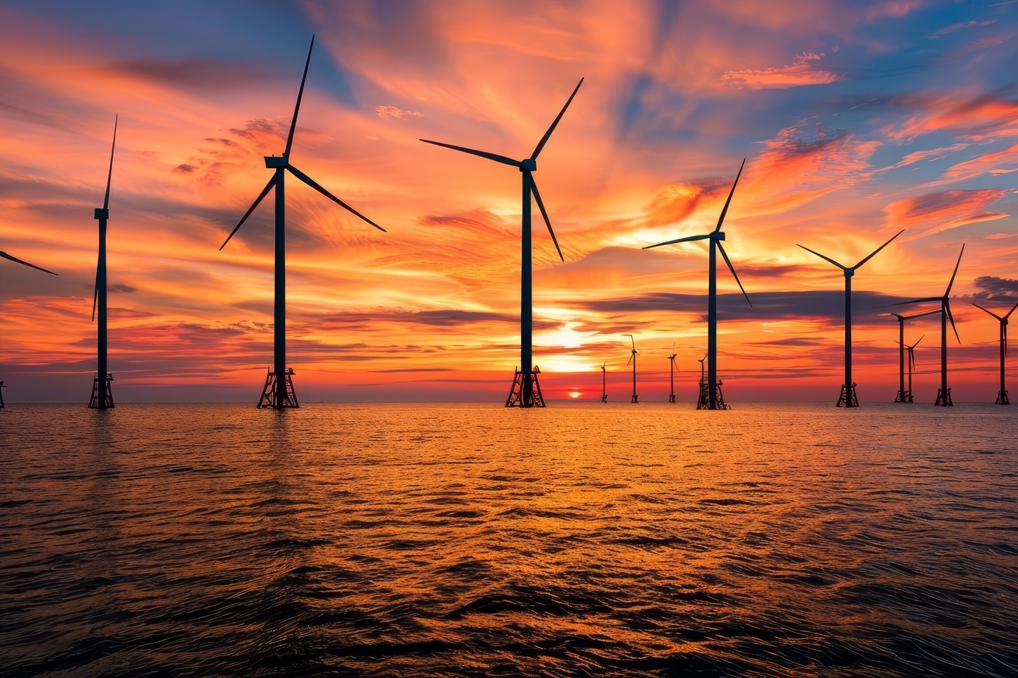 Offshore wind turbines at sunset
