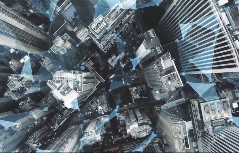 Aerial city image with prisms overlaid