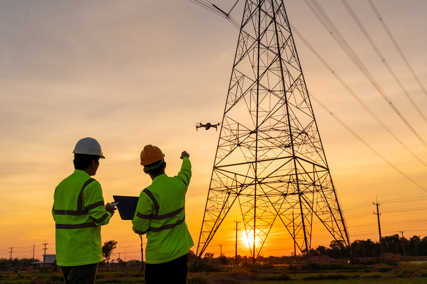 Energy Workers With Drone Inspecting Transmission Infrastructure