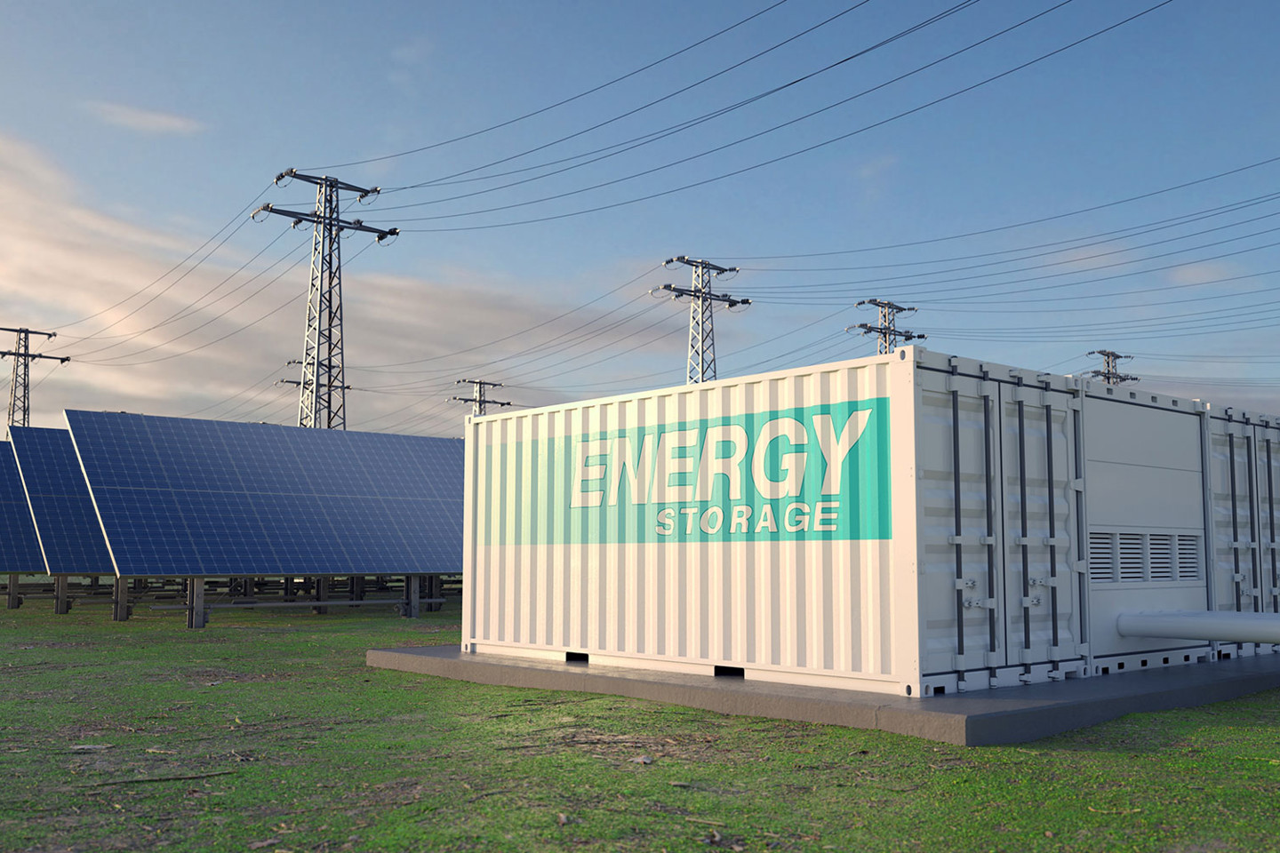 A series of solar panels back onto an energy storage container.